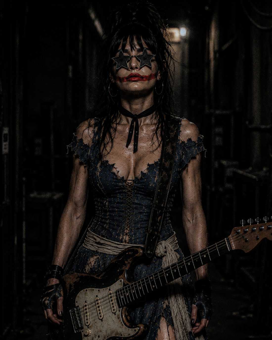 ForF's singer standing in a dark hall with a battered white Stratocaster slung across a ragged blue corset dress, taped fingerless gloves, star glasses and a smeared red grin.