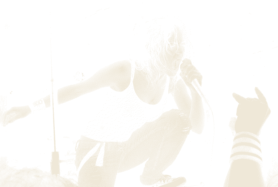 High-contrast photocopied shot of ForF's singer crouched at the front of the stage, screaming into the mic, hands raised in the crowd.